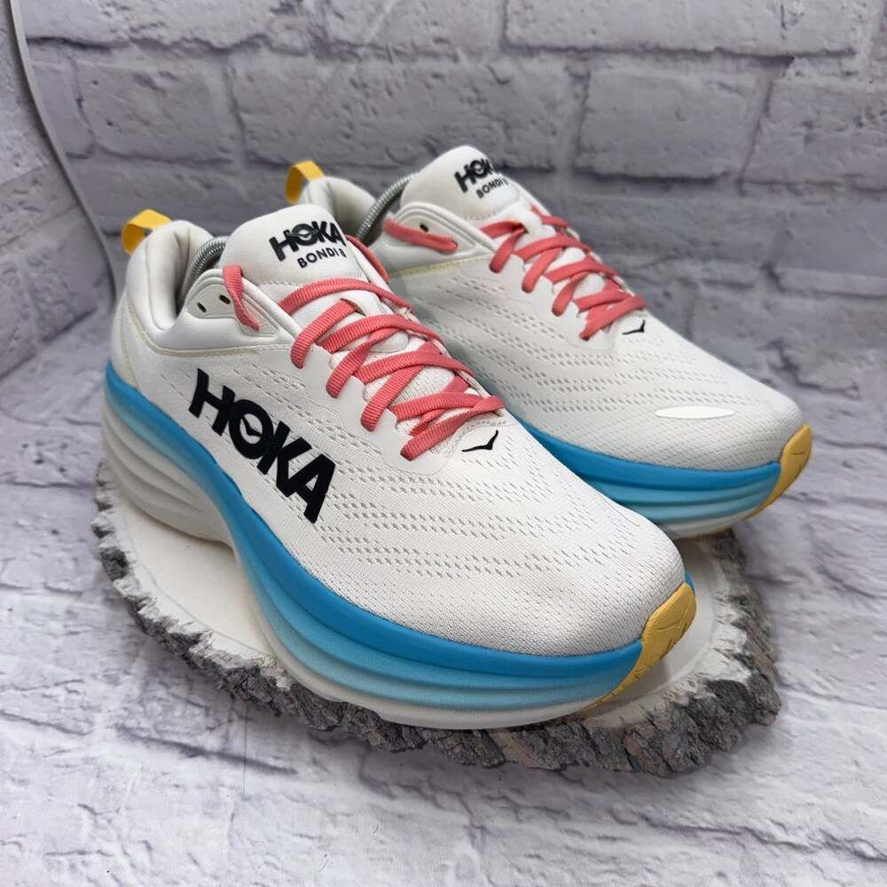 Hoka One One Bondi 8 Women's Running Shoes Size 11 WIDE White Blue Pink EUC